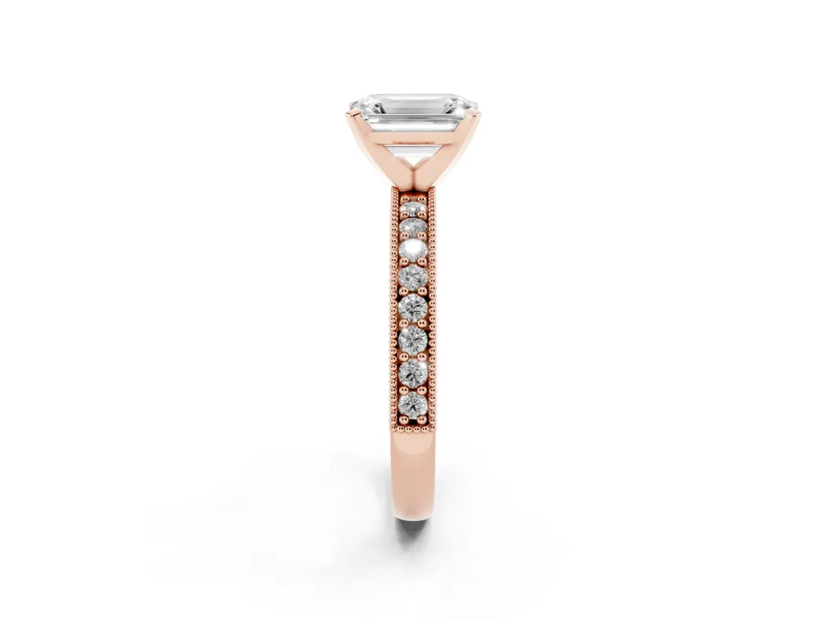 Emerald Cut Diamond Milgrain Pavé Engagement Ring with Four-Prong Setting Rose gold