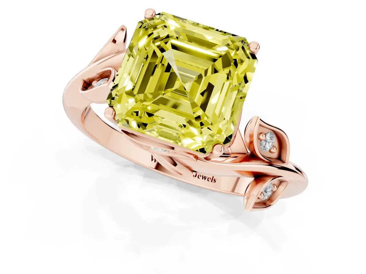 Fancy Yellow Asscher Cut Solitaire Twist Engagement Ring with Leaf Accents and Prong Setting Rose gold