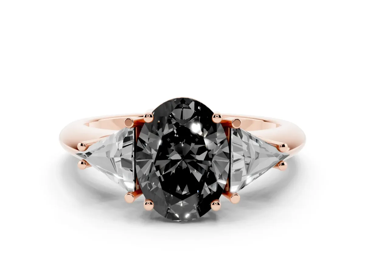 Fancy Black Three-Stone Oval Cut Diamond Engagement Ring with Trillion Side Stones and Prong Setting Rose gold