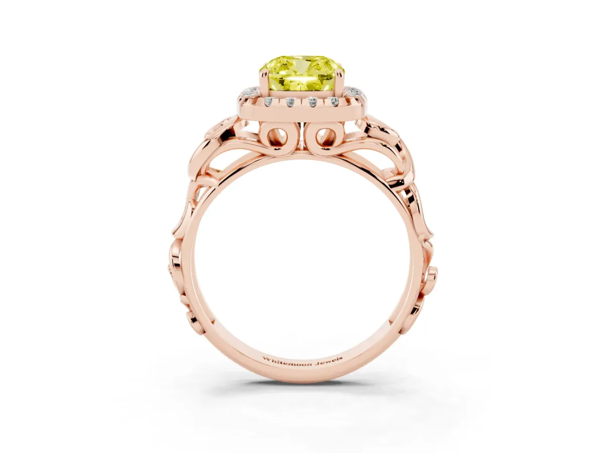 Fancy Yellow Cushion Cut Cut Halo Diamond Ring with Scrollwork Band and Four-Prong Setting Rose gold