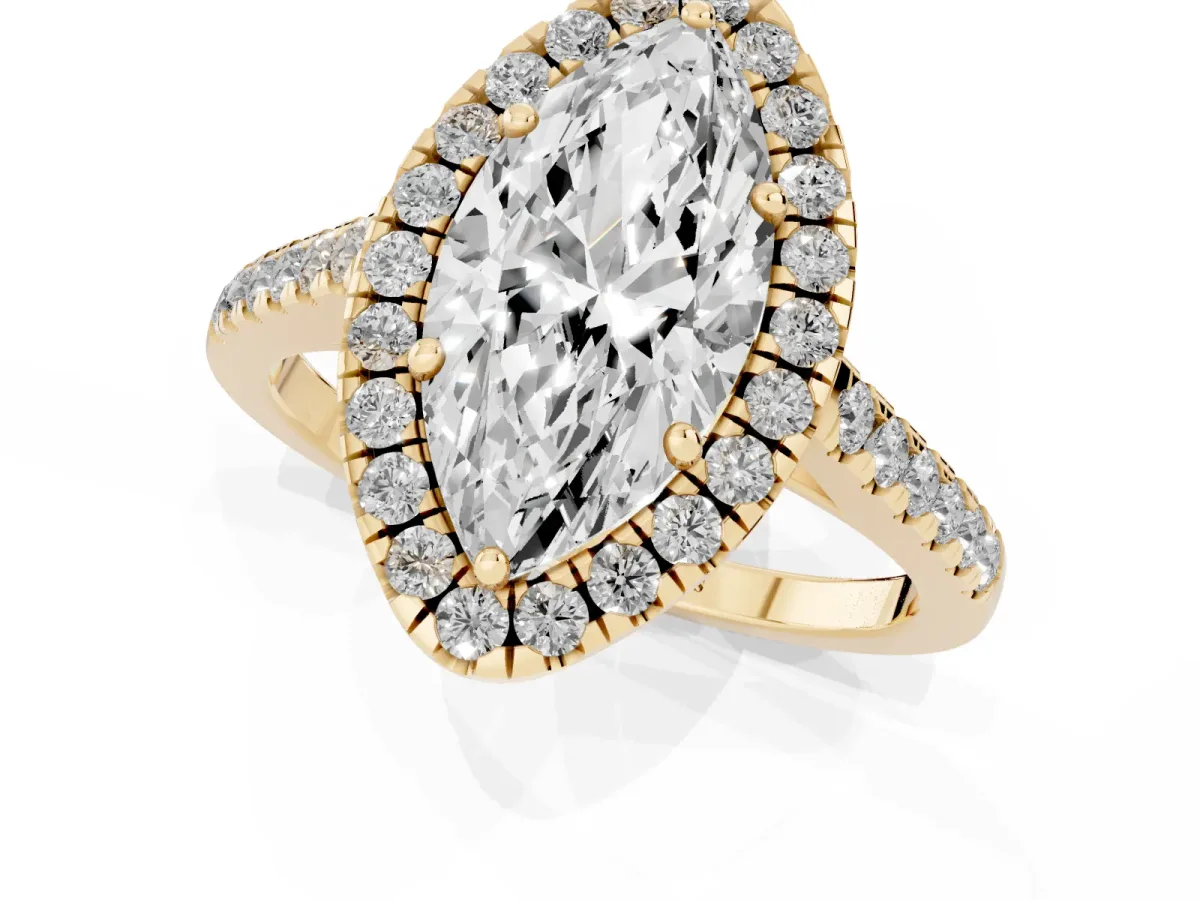 Marquise Cut Halo Pavé Diamond Engagement Ring with Four-Prong Setting Yellow gold