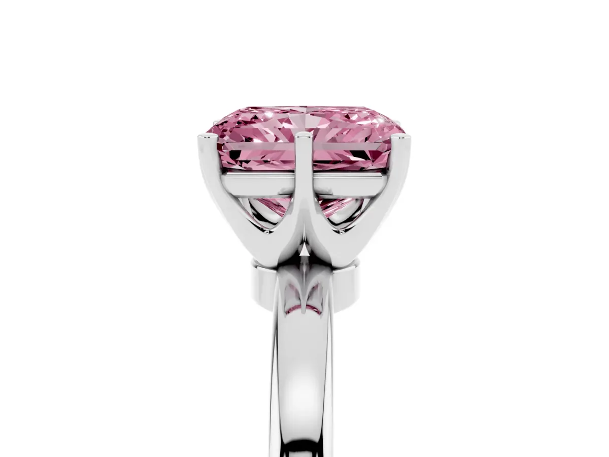 Fancy Pink Radiant Cut Solitaire Diamond Ring with Six-Prong Setting on a Classic Band Silver