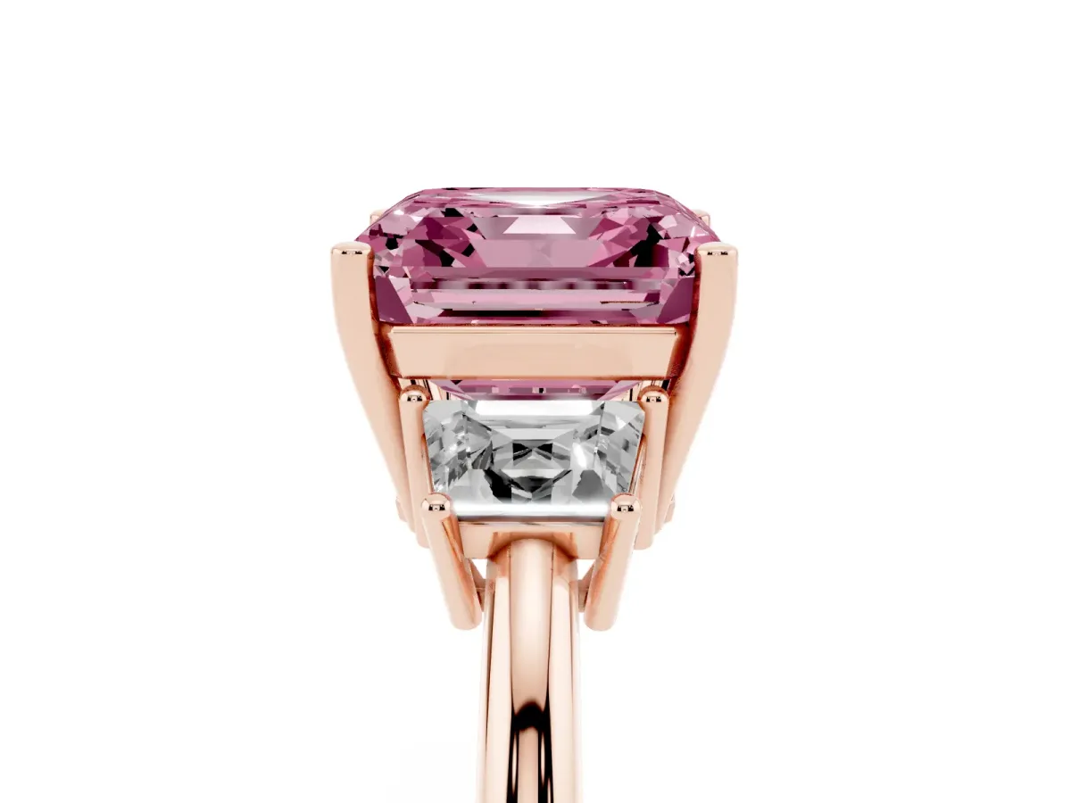 Fancy Pink Asscher Cut Diamond Three-Stone Ring with Trapezoid Side Stones and Prong Setting Rose gold