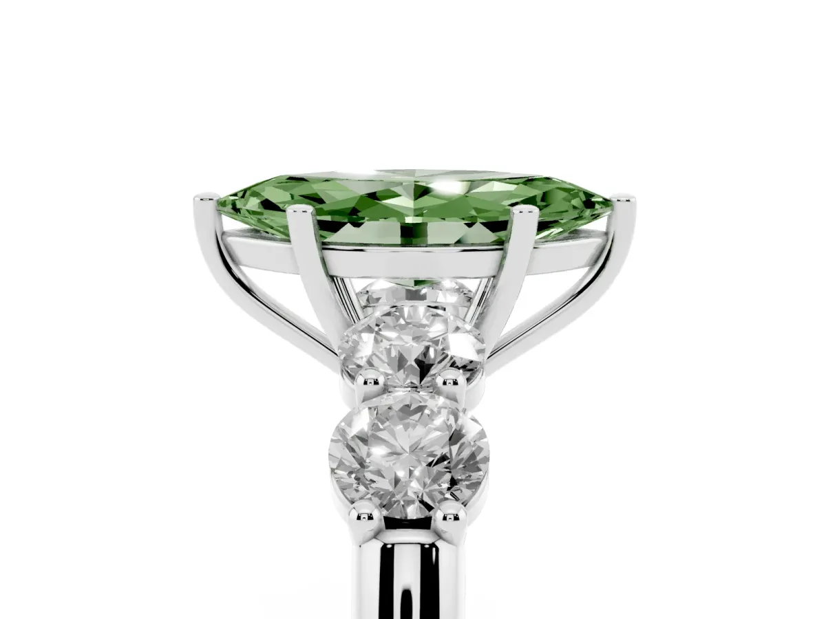 Fancy Green Marquise Cut Cut Five-Stone Prong Set Diamond Ring with Classic Band Silver