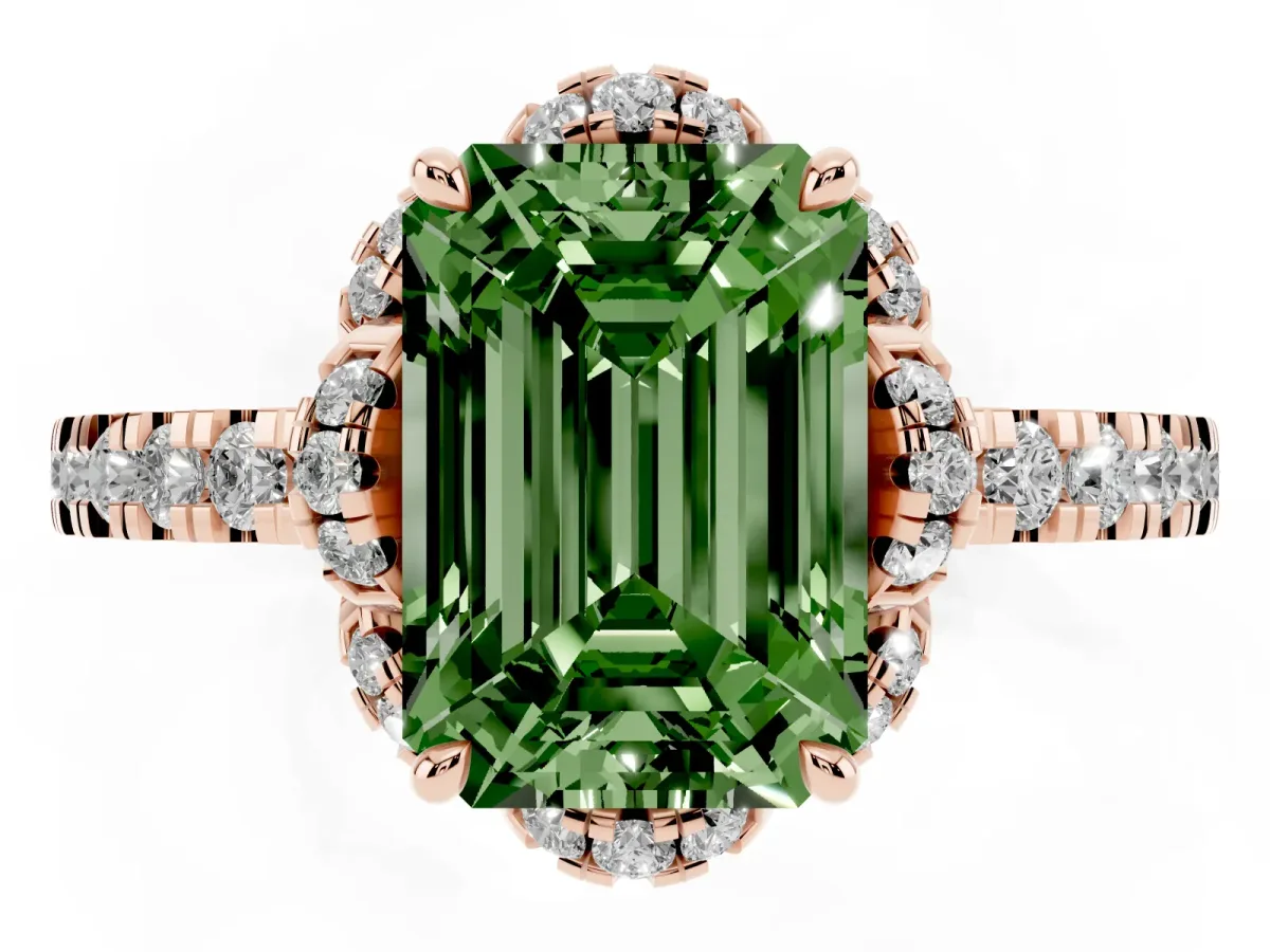 Fancy Green Emerald Cut Halo Diamond Pave Band Ring with Four-Prong Setting Rose gold