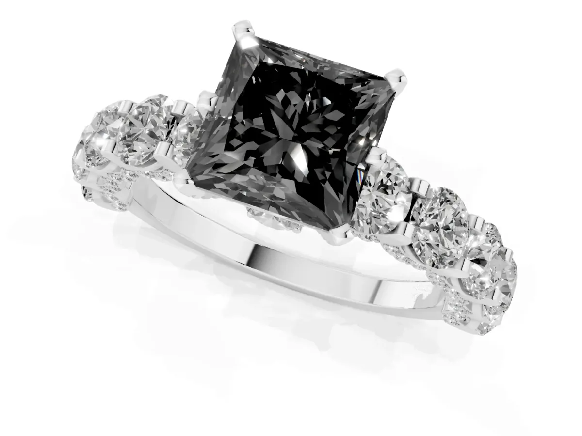Fancy Black Princess Cut Diamond Side Stone Engagement Ring with Four-Prong Setting Platinum