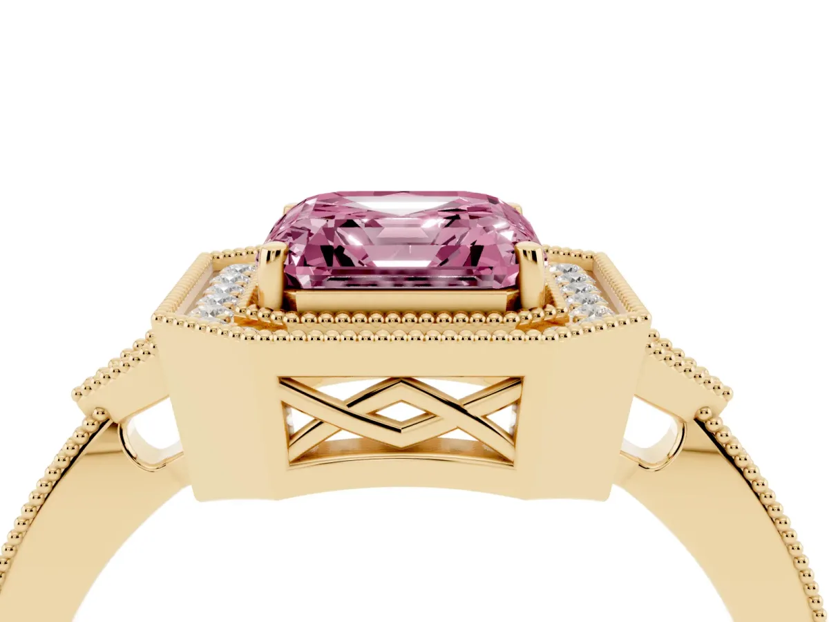 Fancy Pink Asscher Cut Halo Round Diamond Milgrain Pave Engagement Ring Yellow gold
