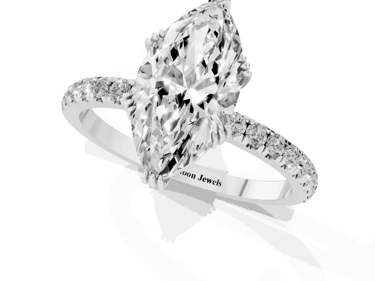 Marquise Cut Brilliant Solitaire with Pavé Band and Claw Prong Setting White gold