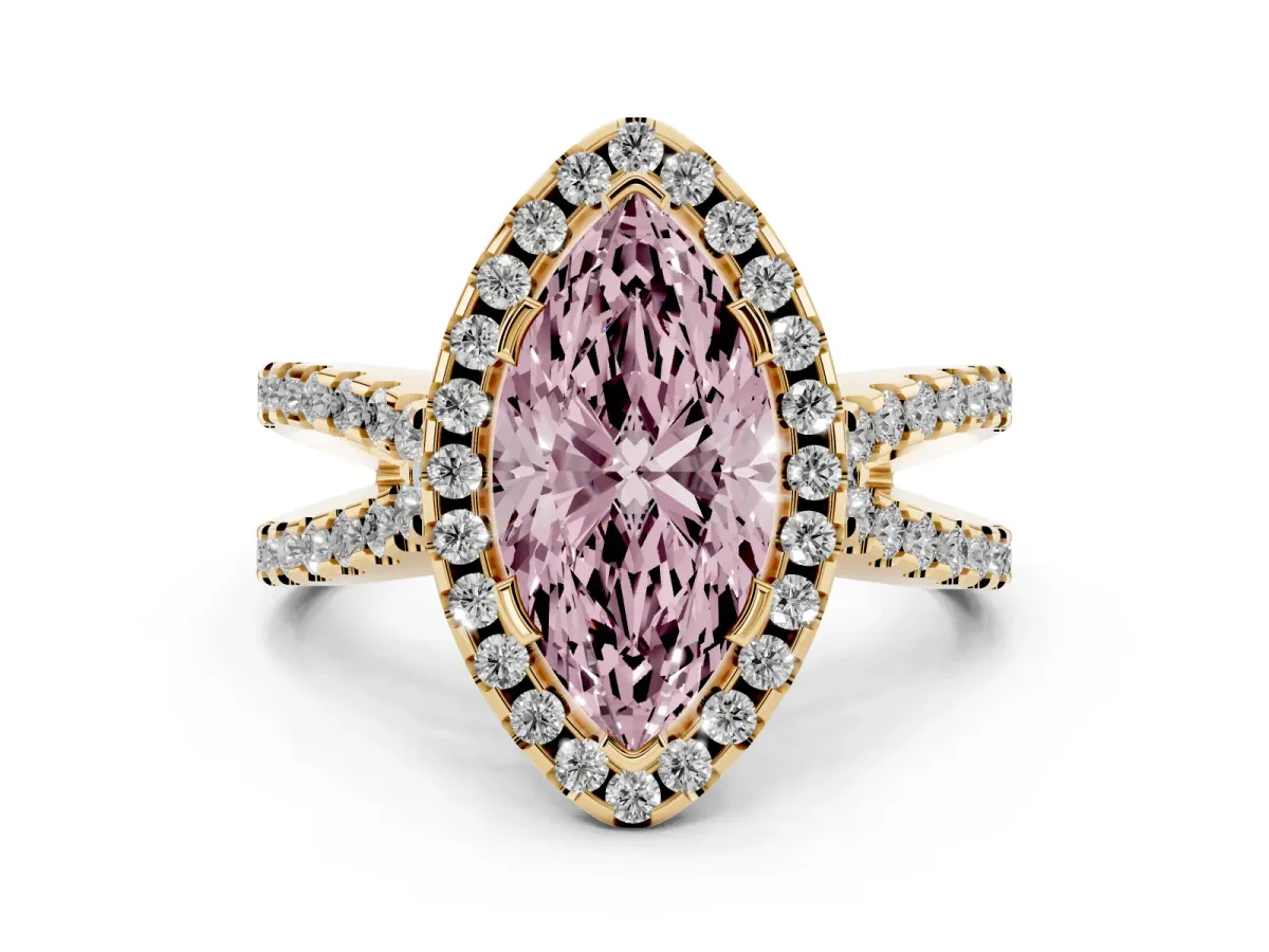 Fancy Pink Marquise Cut Diamond Halo Ring with Split Shank Pavé Band and Prong Setting Yellow gold