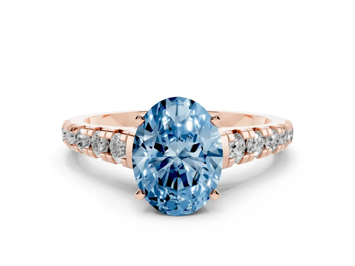Fancy Blue Oval Cut Diamond Cathedral Solitaire Ring with Round Pavé Band Rose gold