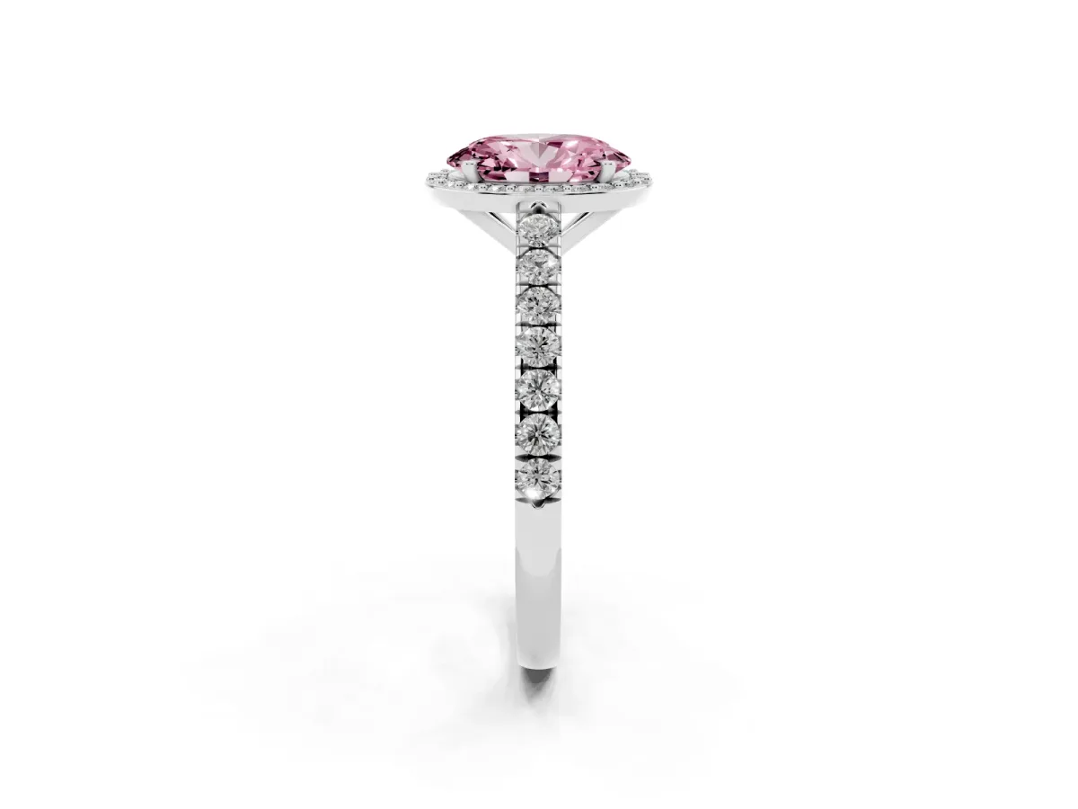 Fancy Pink Oval Cut Cut Halo Diamond Engagement Ring with Pave Band and Four-Prong Setting Silver