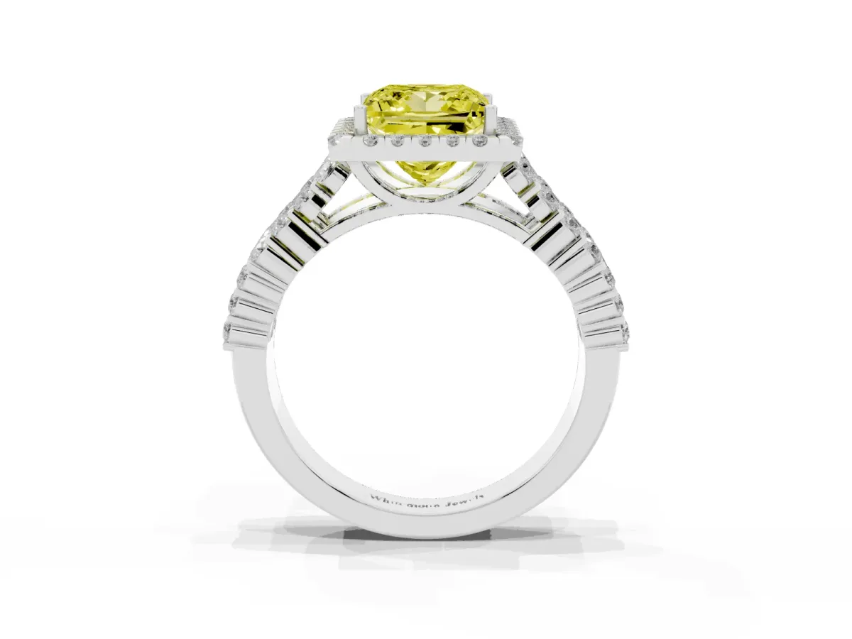 Fancy Yellow Princess Cut Diamond Halo Engagement Ring with Triple Row Round Pavé Band and Prong Setting Platinum