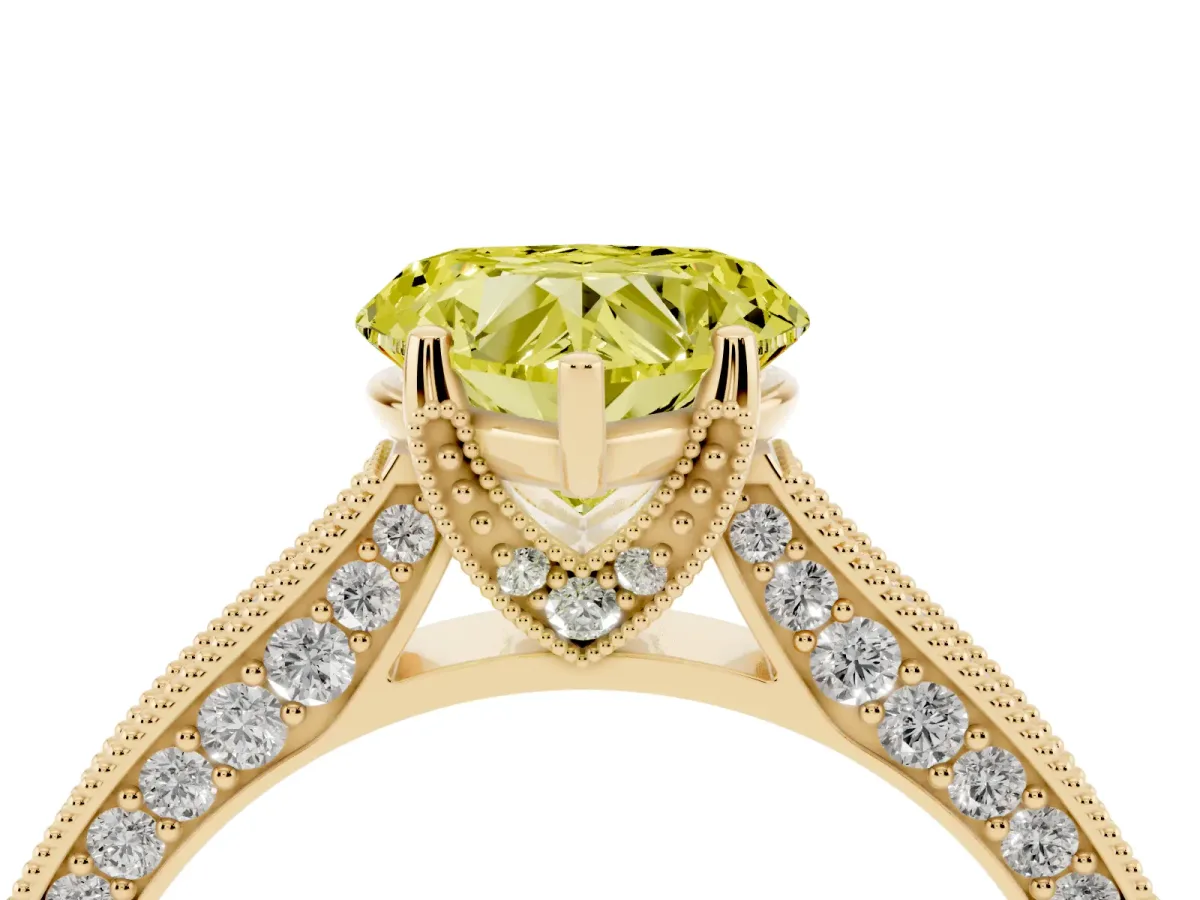 Fancy Yellow Heart Cut Cut Diamond Solitaire Ring with Milgrain Pave Band and Four Prong Setting Yellow gold