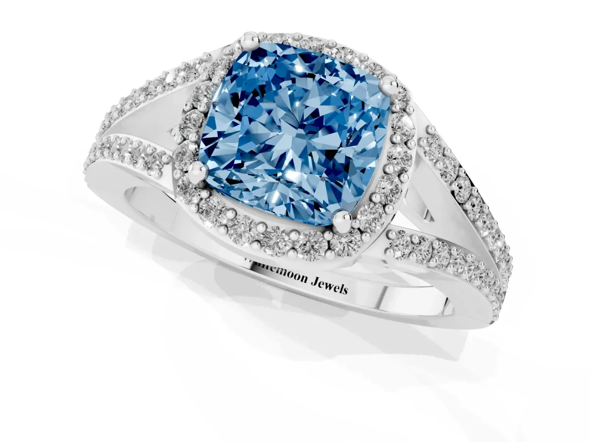 Fancy Blue Cushion Cut Halo Split Shank Diamond Ring with Prong Setting Silver