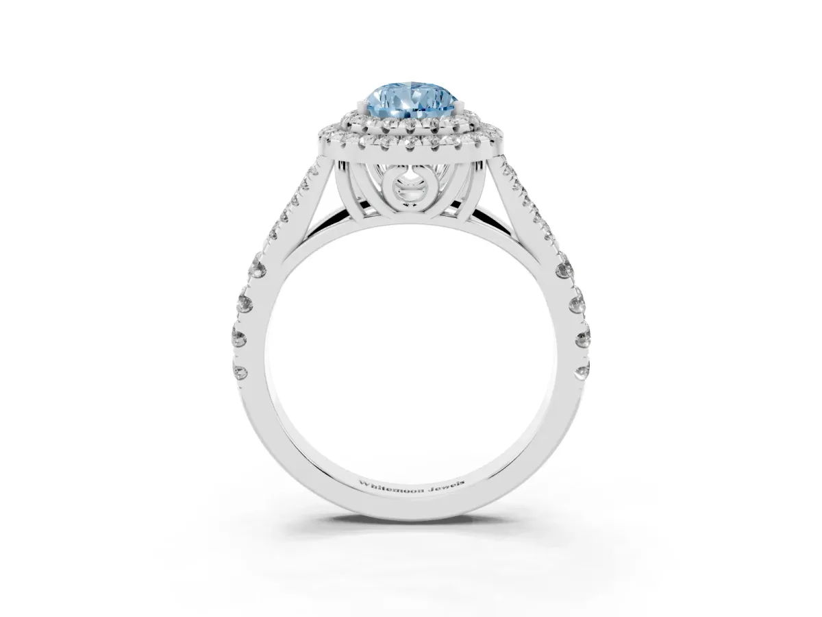 Fancy Blue Pear Cut Diamond Pavé Split Shank Double Halo Engagement Ring Platinum