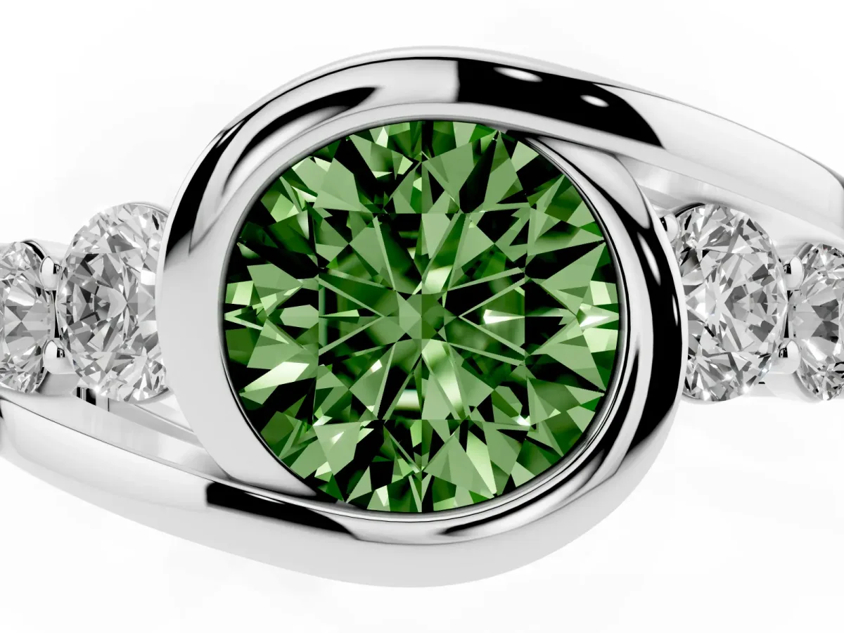 Fancy Green Bezel Set Round Cut Diamond Bypass Ring with Round Accents Silver