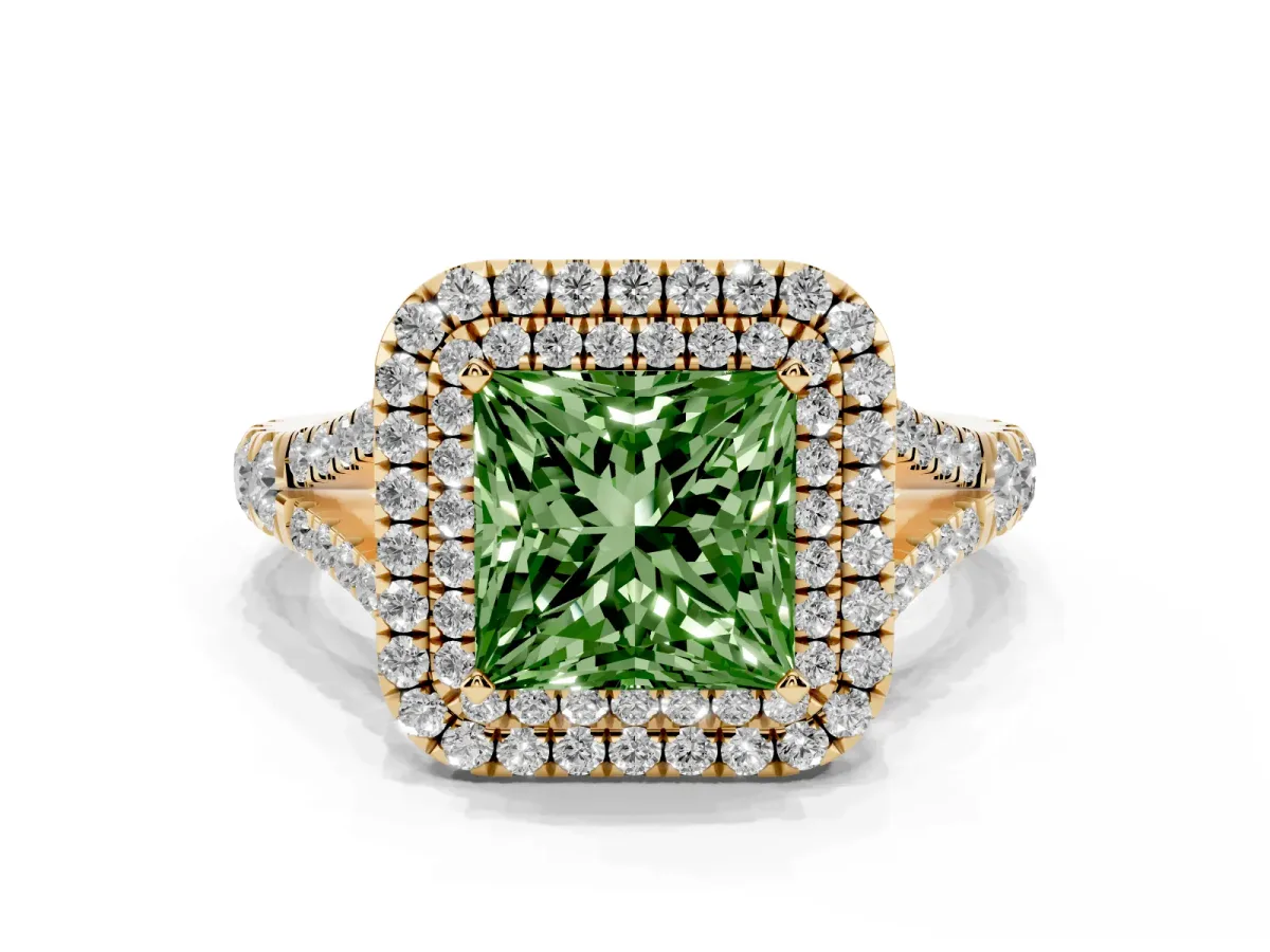 Fancy Green Double Halo Princess Cut Diamond Split Shank Engagement Ring with Four-Prong Setting Yellow gold