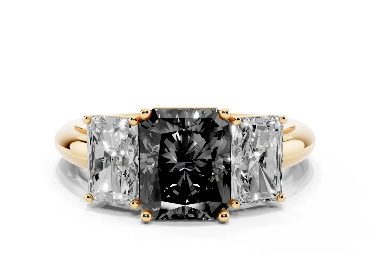 Fancy Black Three-Stone Radiant Cut Cut Diamond Engagement Ring with Prong Setting on a White Gold Band Yellow gold