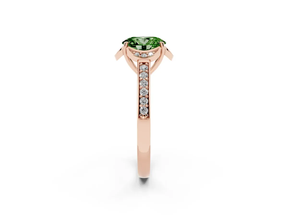 Fancy Green Oval Cut Cut Halo Diamond Ring with Channel Set Band and Four-Prong Setting Rose gold