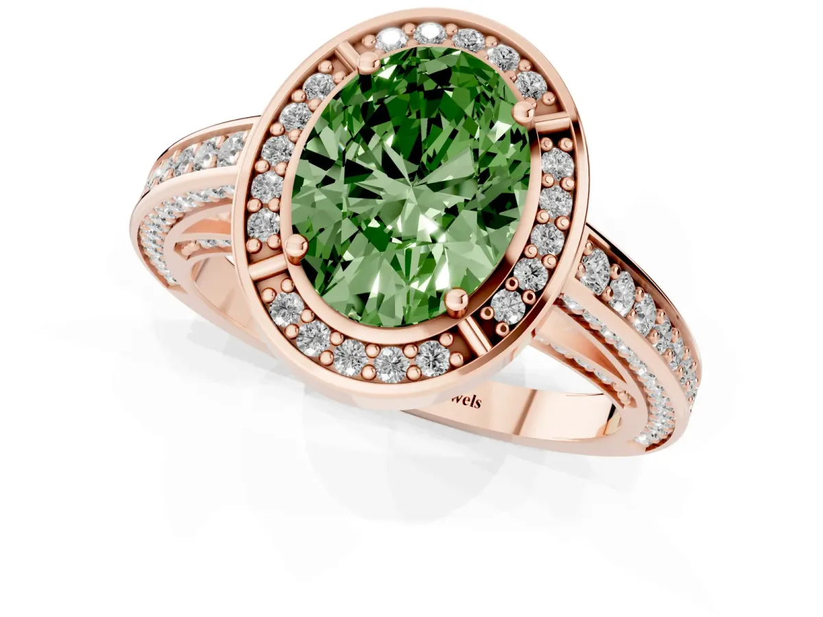 Fancy Green Oval Cut Cut Halo Pave Split Shank Prong Setting Ring Rose gold