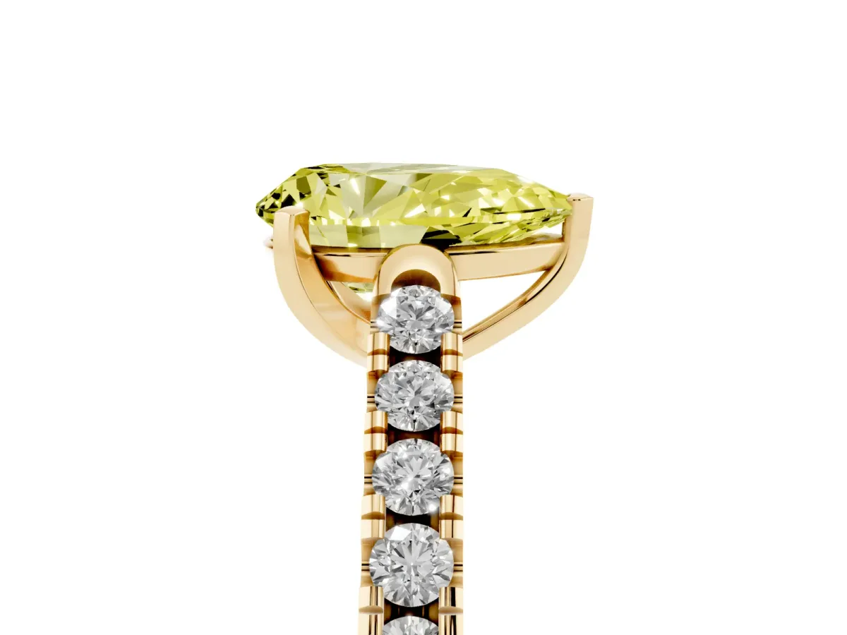 Fancy Yellow Pear Cut Diamond Pavé Band Solitaire Ring with Prong Setting Yellow gold