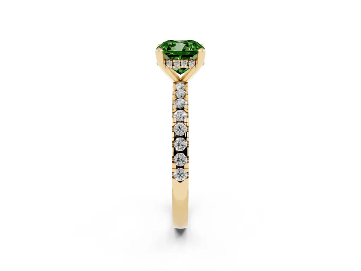 Fancy Green Cushion Cut Diamond Solitaire Ring with Round Pavé Band and Four-Prong Setting Yellow gold