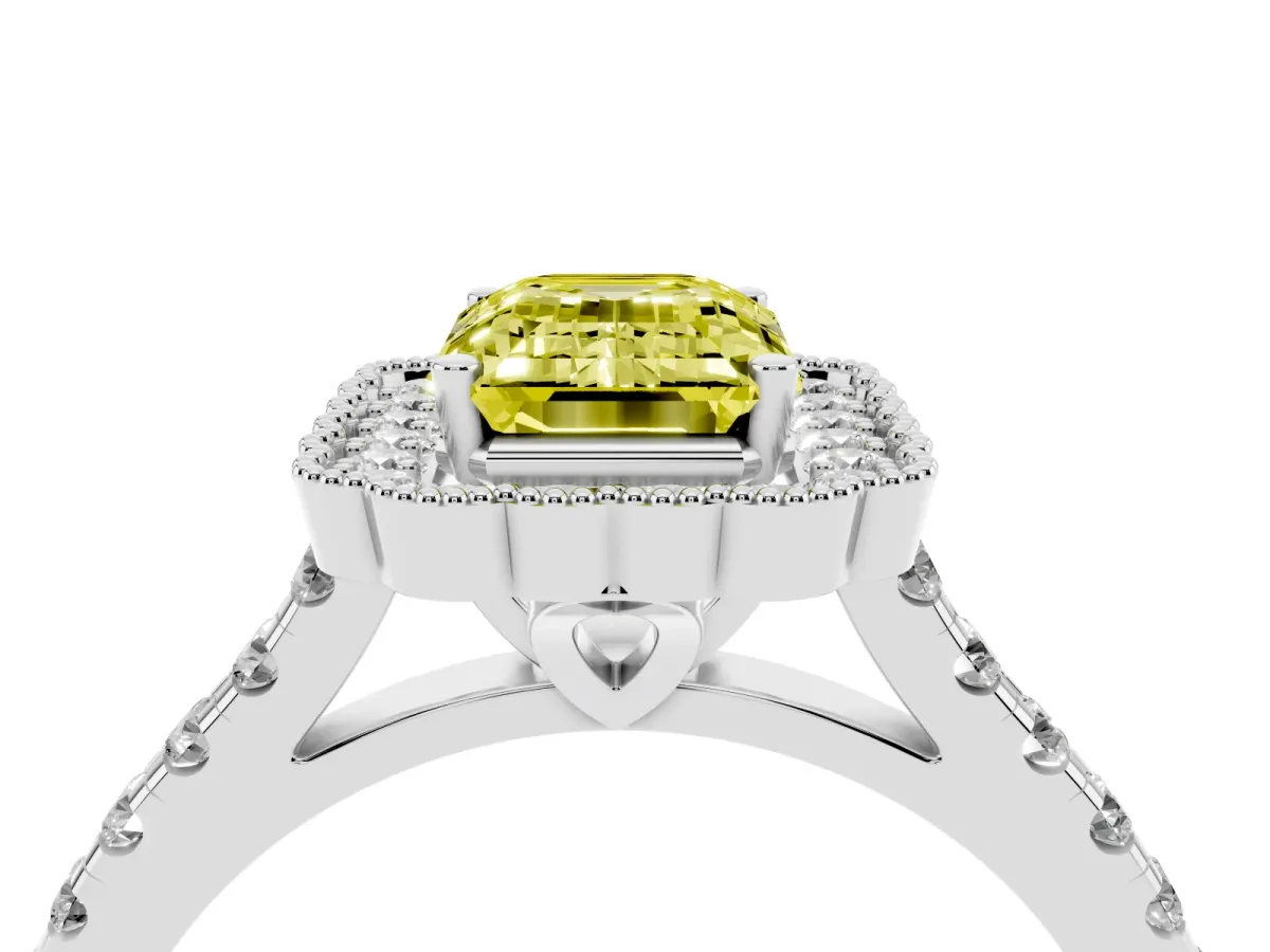 Fancy Yellow Emerald Cut Cut Diamond Milgrain Floral Halo Engagement Ring with Pavé Band Silver