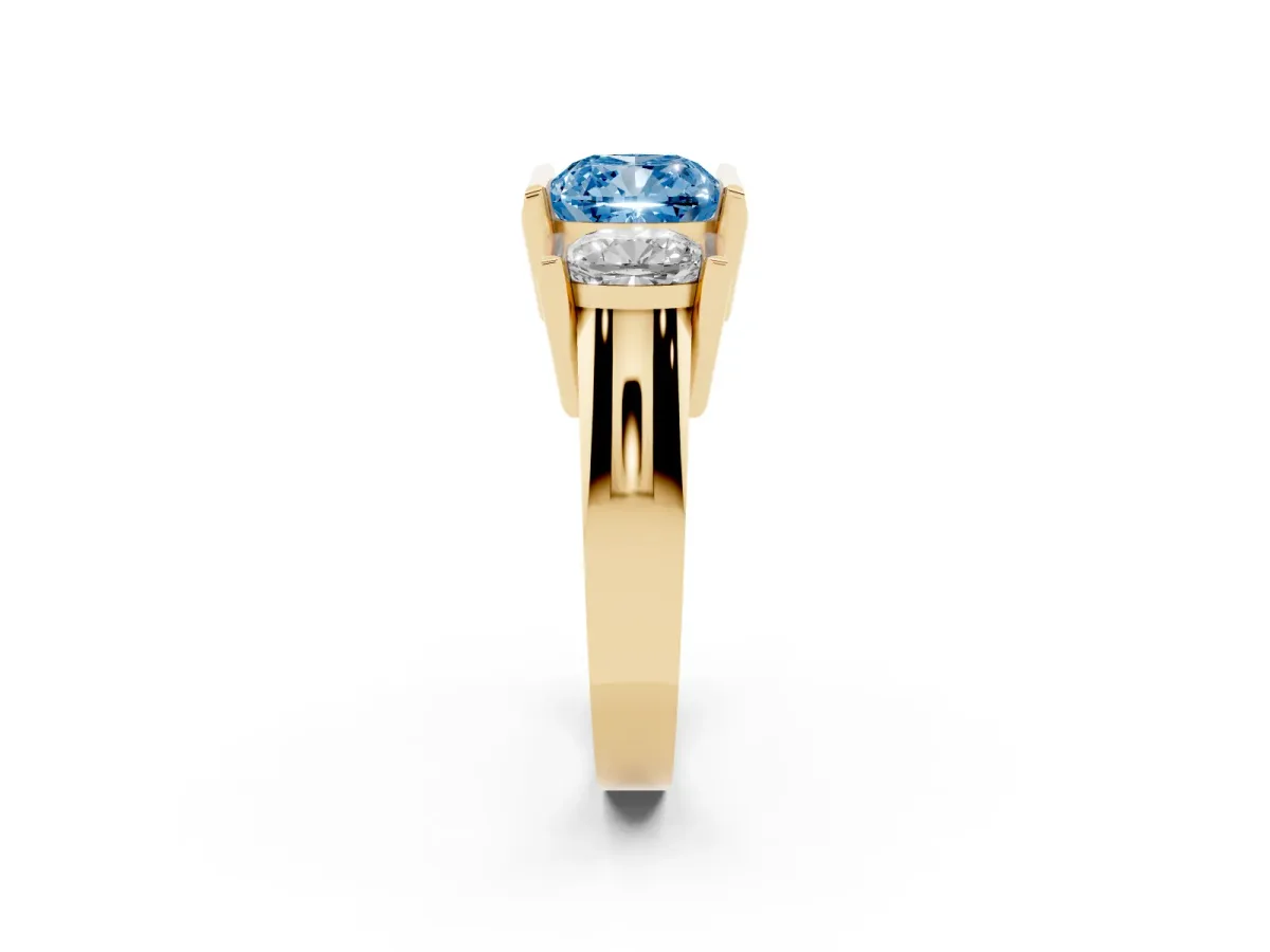 Fancy Blue Three Stone Cushion Cut Cut Channel Set Diamond Ring Yellow gold
