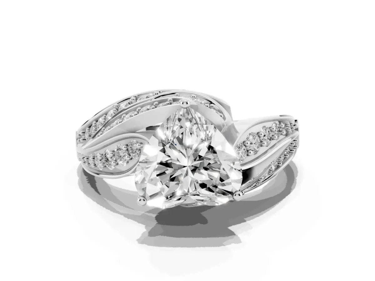 Heart Cut Diamond Solitaire Ring with Prong Setting and Twisted Pavé Band Silver