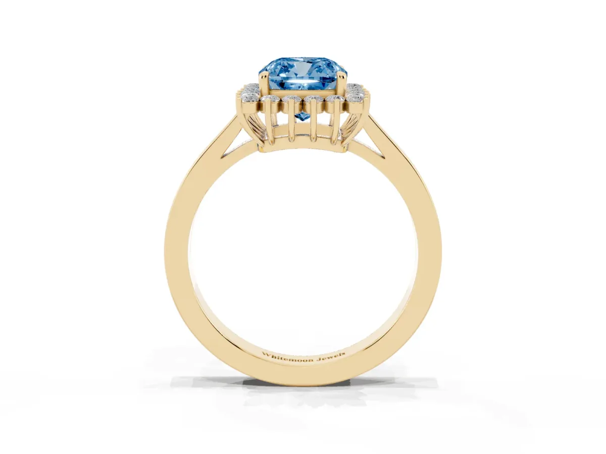 Fancy Blue Cushion Cut Cut Diamond Halo Ring with Round Brilliant Halo and Solitaire Band Yellow gold