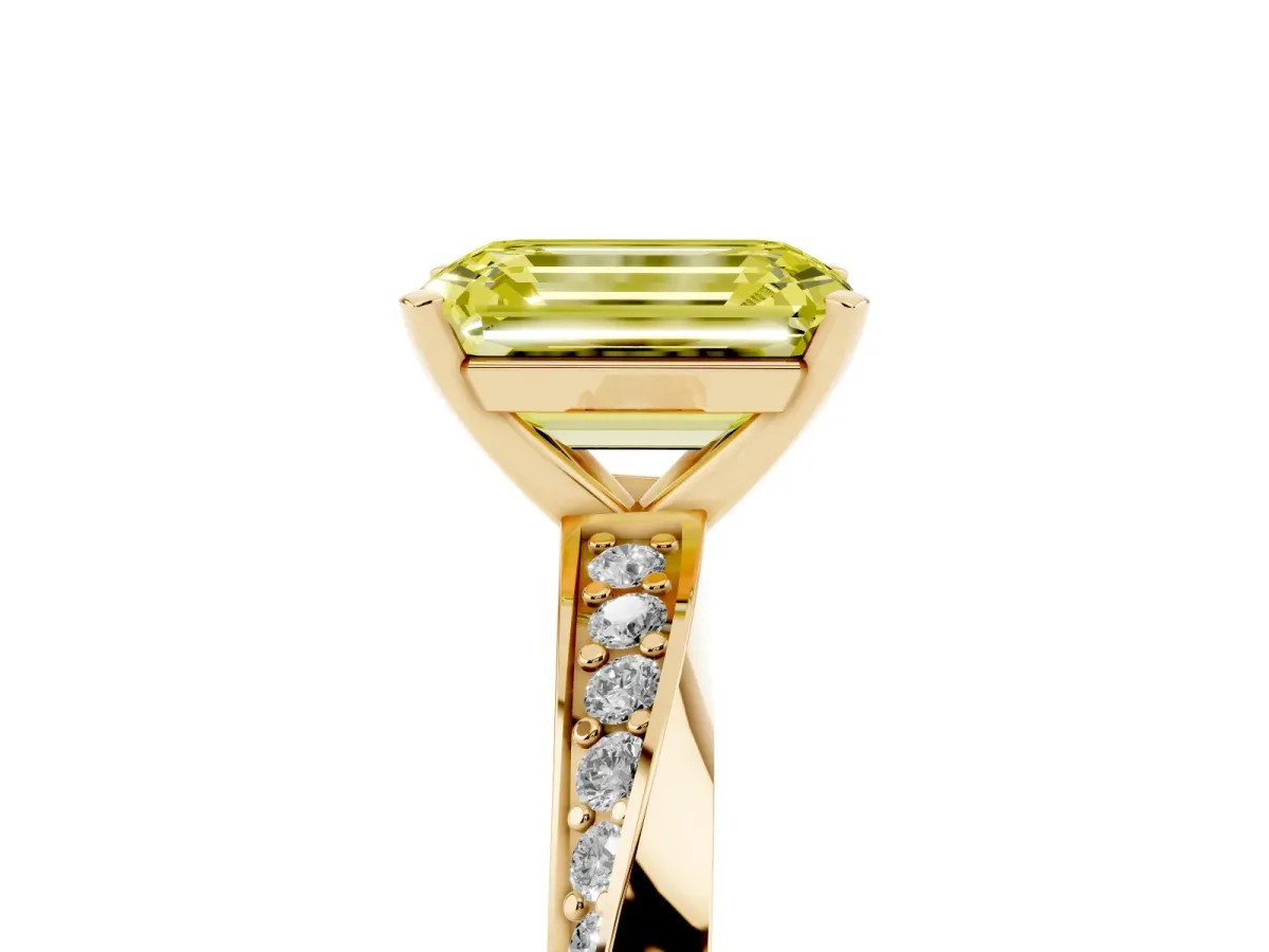 Fancy Yellow Emerald Cut Diamond Engagement Ring with Side Stone Accents and Four-Prong Setting Yellow gold