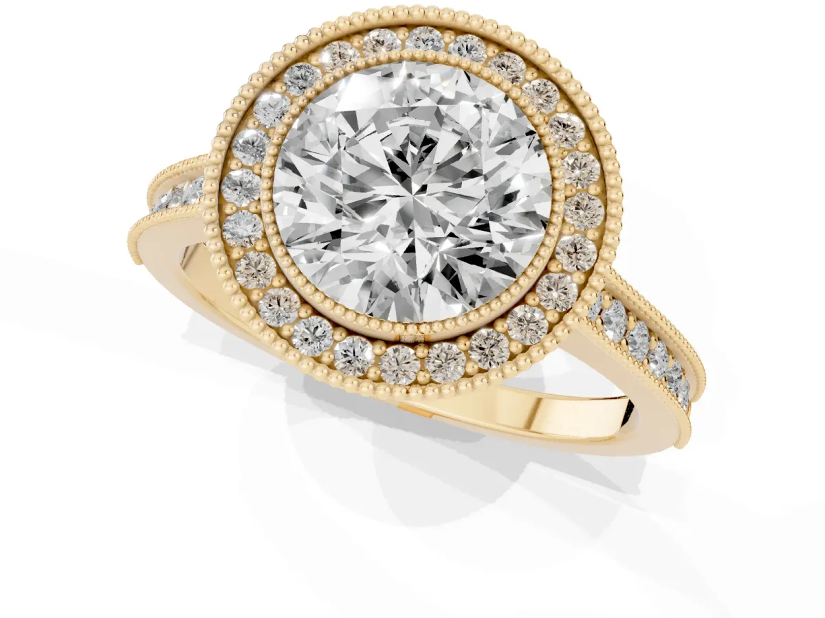 Halo Round Cut-Cut Diamond Pave Band Milgrain Prong Setting Ring Yellow gold