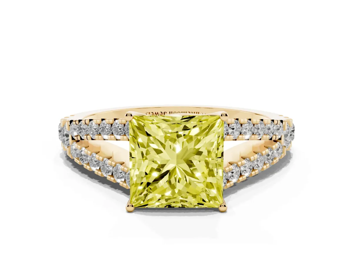Fancy Yellow Princess Cut Diamond Split Shank Pavé Engagement Ring with Four-Prong Setting Yellow gold