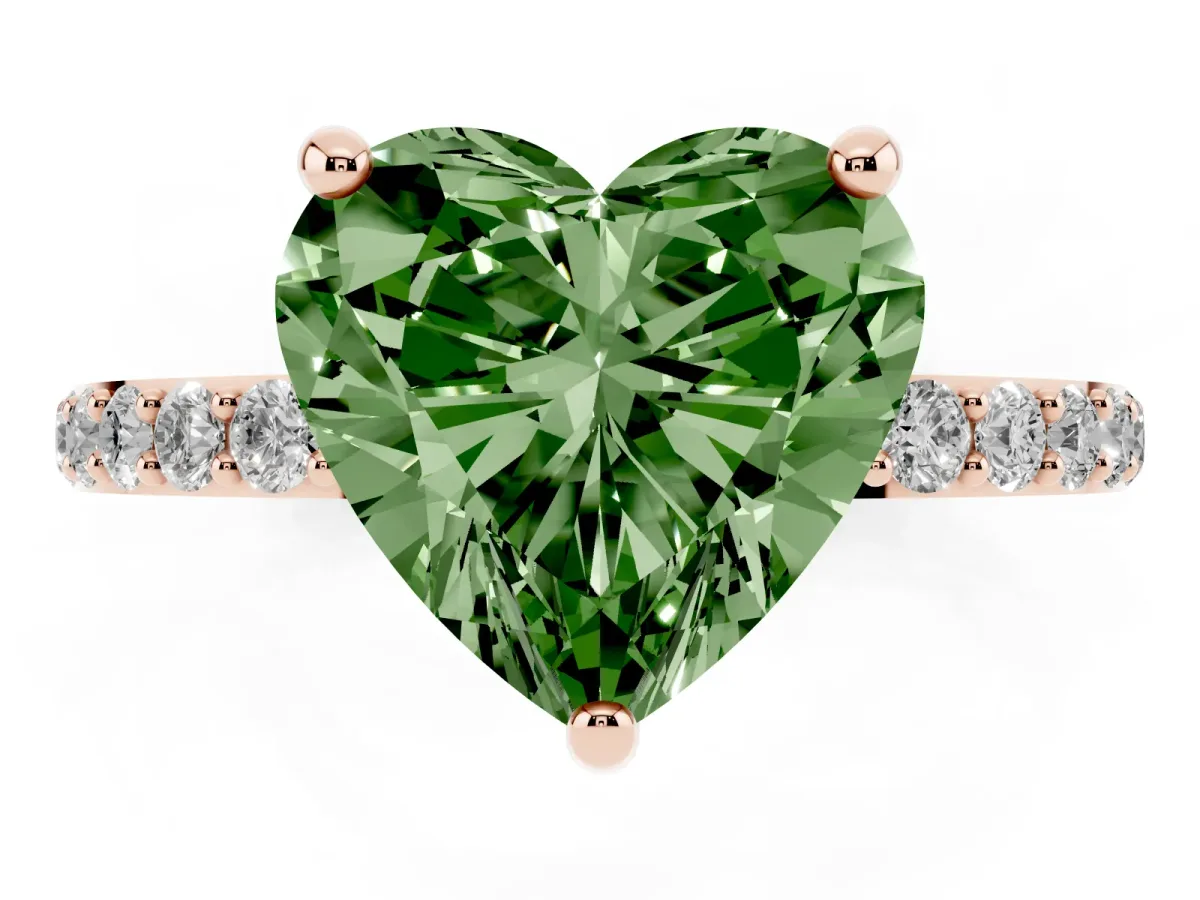 Fancy Green Heart Cut Diamond Solitaire Ring with Round Pavé Band and Prong Setting Rose gold