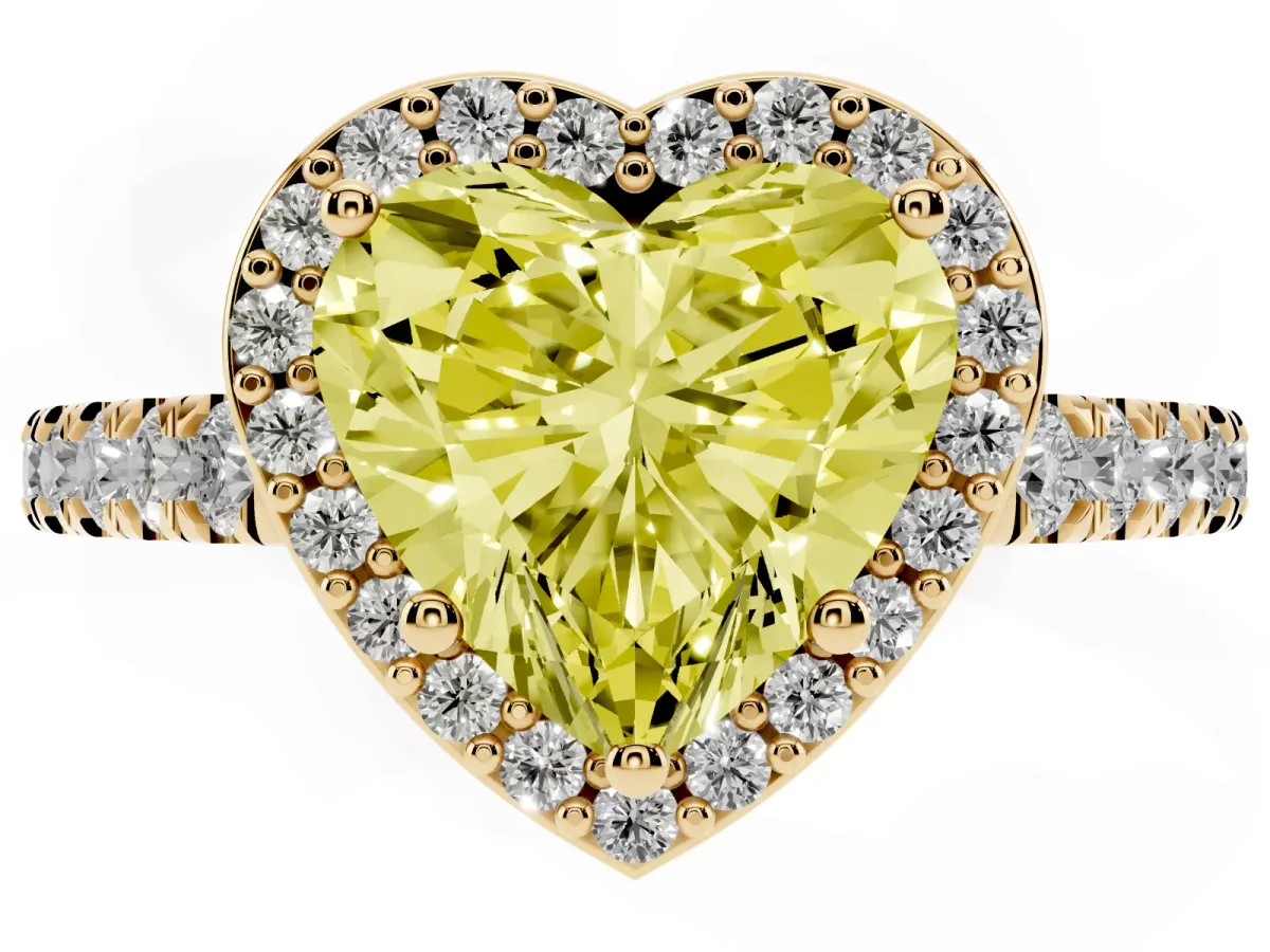 Fancy Yellow Heart Cut Cut Halo Diamond Engagement Ring with Pave Band and Four-Prong Setting Yellow gold