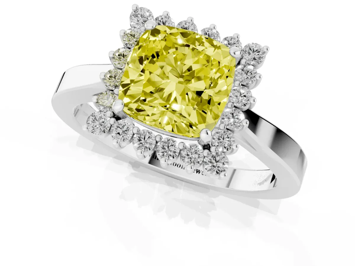 Fancy Yellow Cushion Cut Cut Diamond Halo Ring with Round Brilliant Halo and Solitaire Band Silver