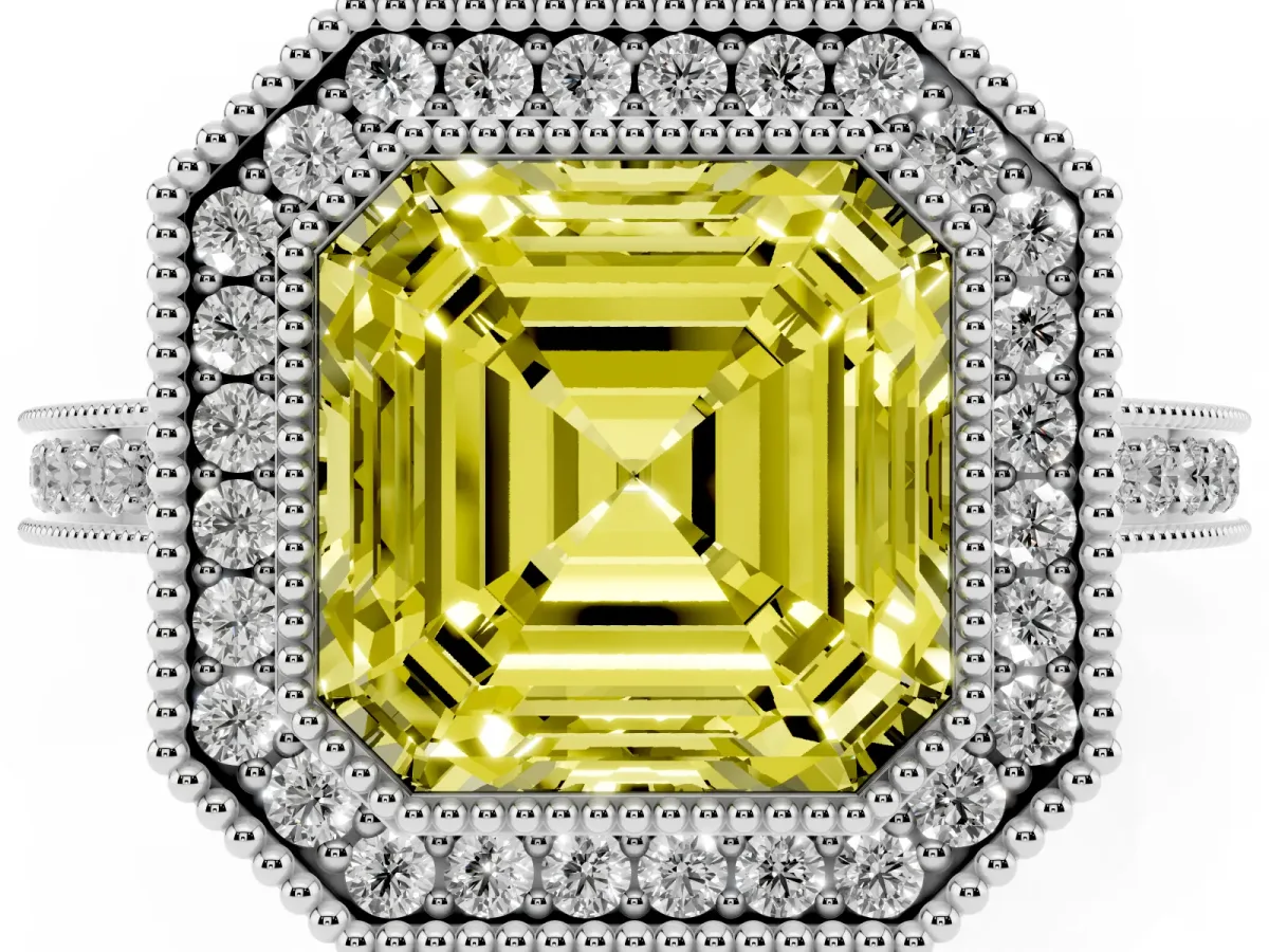 Fancy Yellow Asscher Cut Cut Halo Diamond Ring with Pavé Band and Milgrain Prong Setting Silver