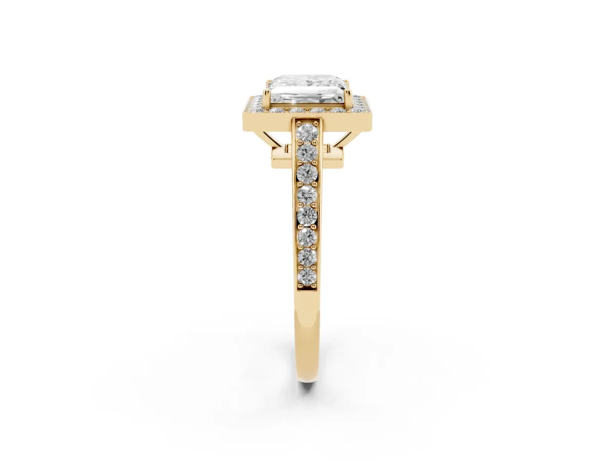 Princess Cut Halo Pavé Diamond Engagement Ring with Bezel Setting Yellow gold