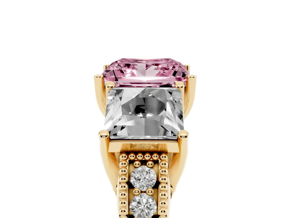 Fancy Pink Three-Stone Princess Cut Cut Milgrain Pavé Engagement Ring Yellow gold