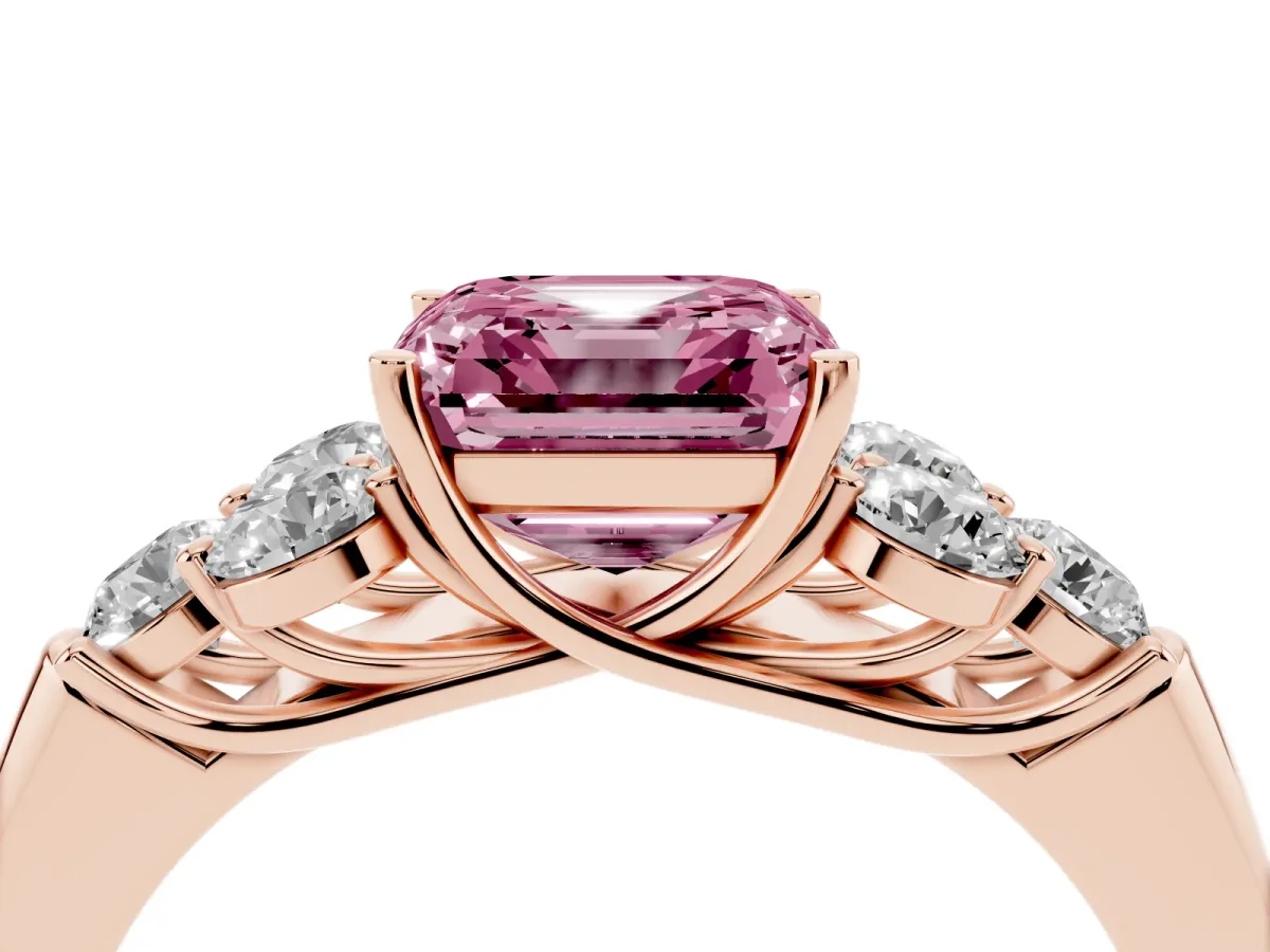 Fancy Pink Asscher Cut Cut Diamond Cluster Ring with Round Accent Stones and Prong Setting on a Classic Band Rose gold