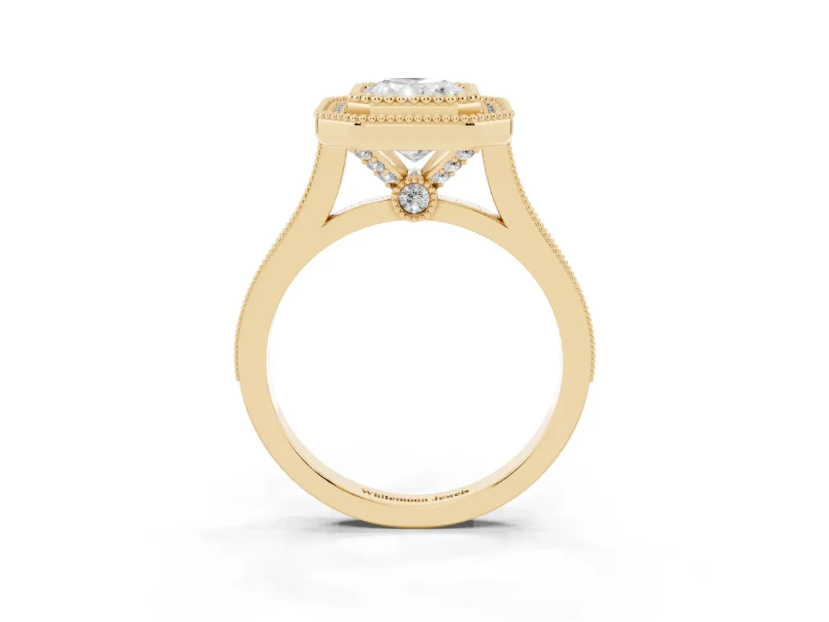 Radiant Cut Diamond Halo Ring with Milgrain Frame and Pavé Band Yellow gold