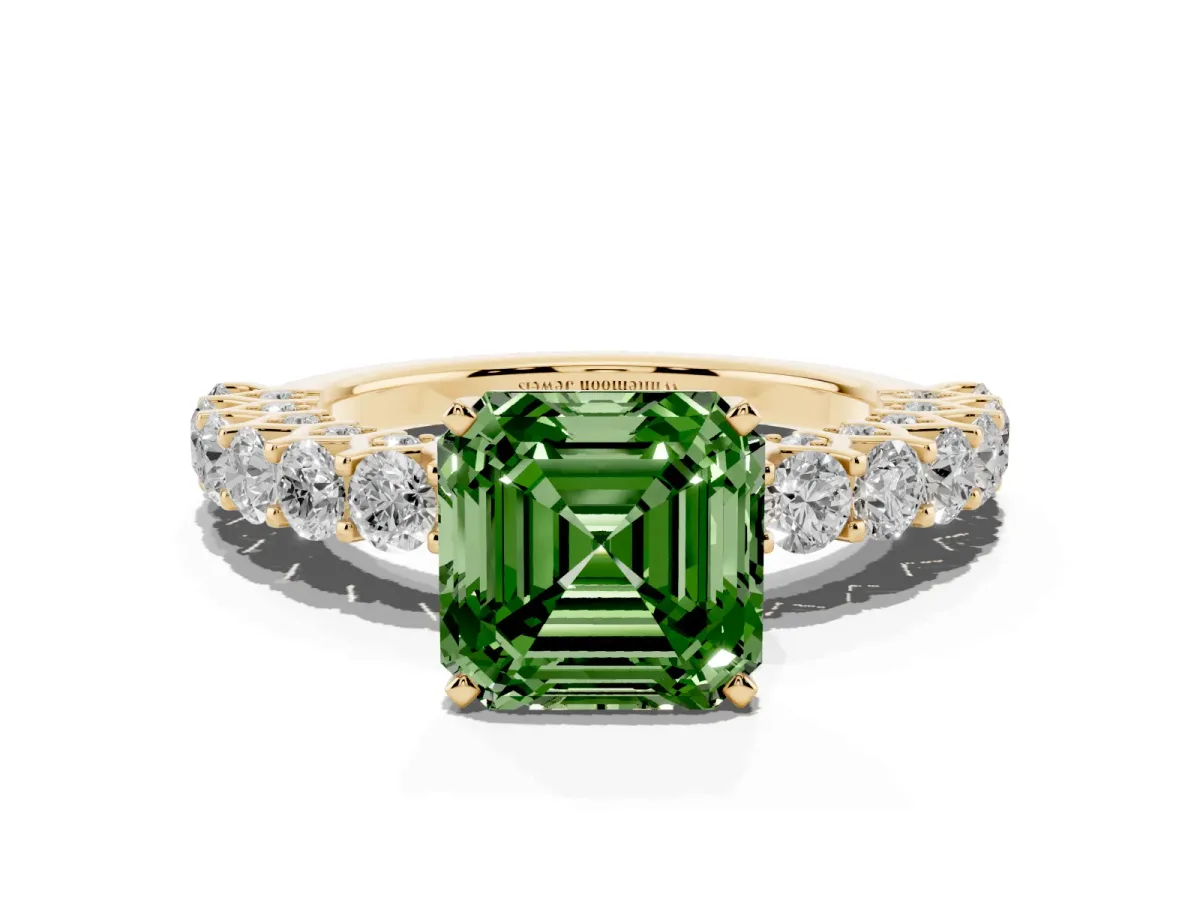 Fancy Green Asscher Cut Diamond Solitaire Ring with Shared Prong Pavé Band and Four-Prong Setting Yellow gold