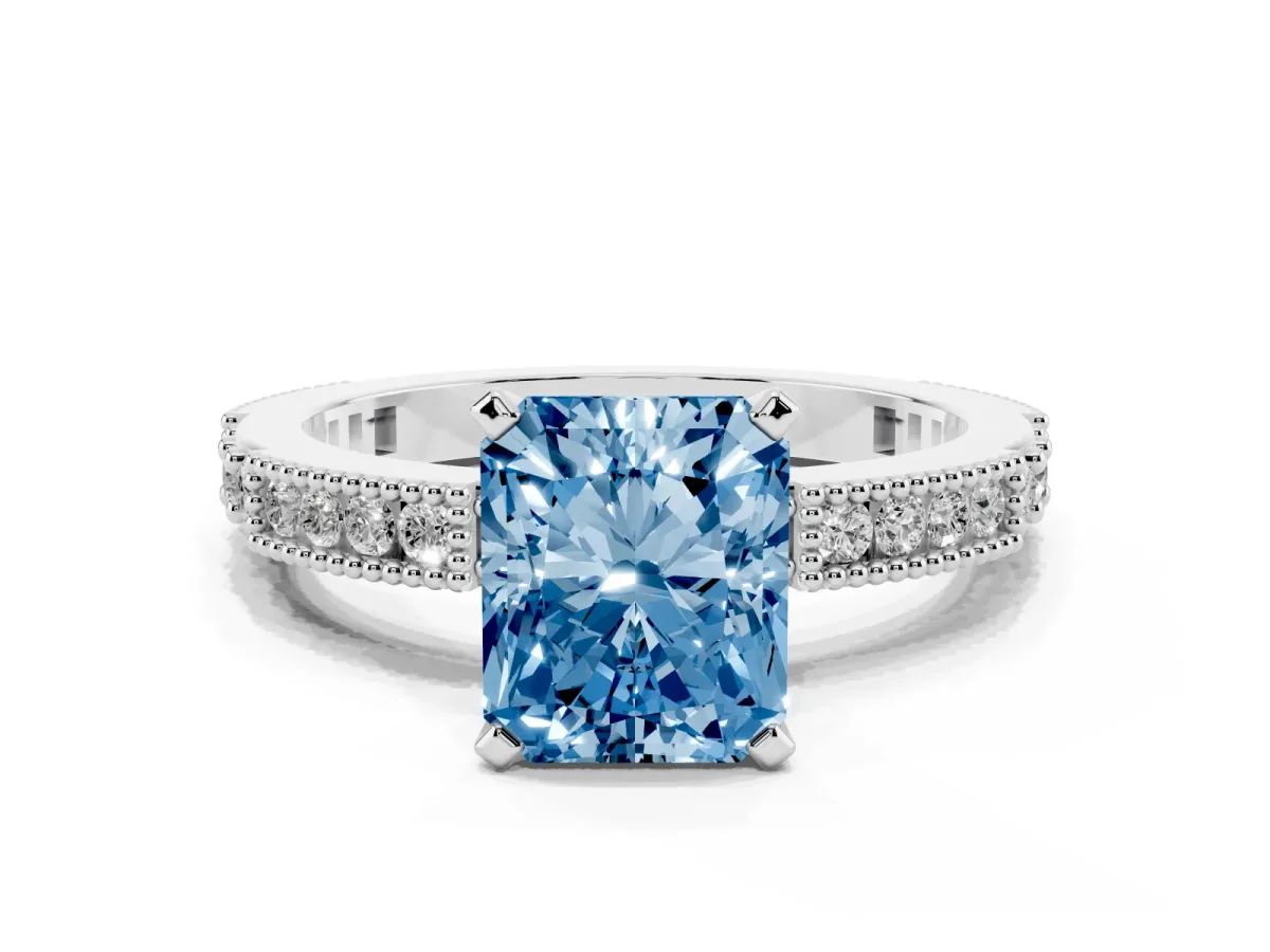 Fancy Blue Radiant Cut Solitaire with Pavé Band and Four-Prong Setting Silver