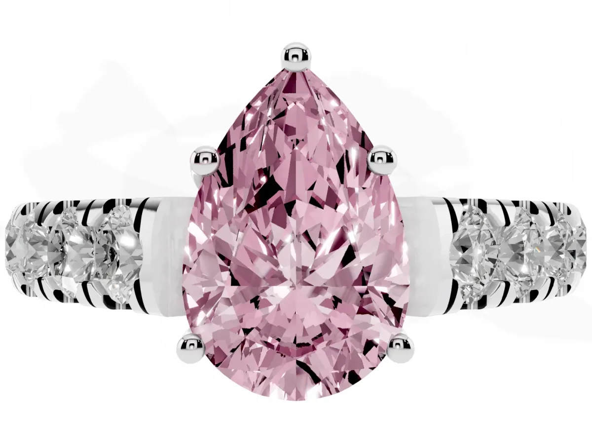 Fancy Pink Pear Cut Cut Diamond Solitaire Ring with Micro Pave Band and Prong Setting Platinum