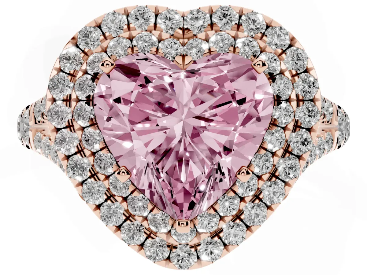 Fancy Pink Double Halo Heart Cut Diamond Split Shank Engagement Ring with Four-Prong Setting Rose gold
