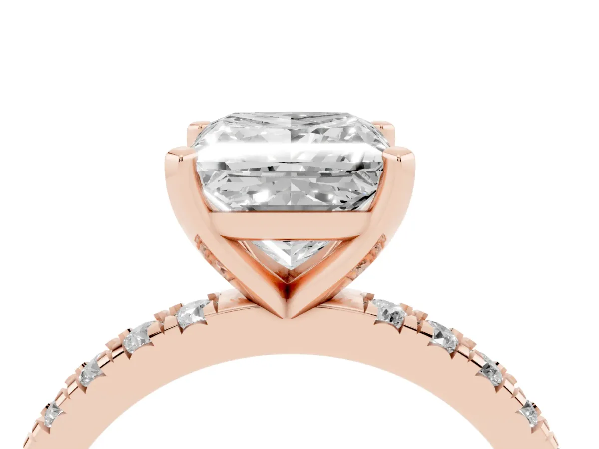 Princess Cut Diamond Pavé Band Solitaire with Four-Prong Setting Rose gold