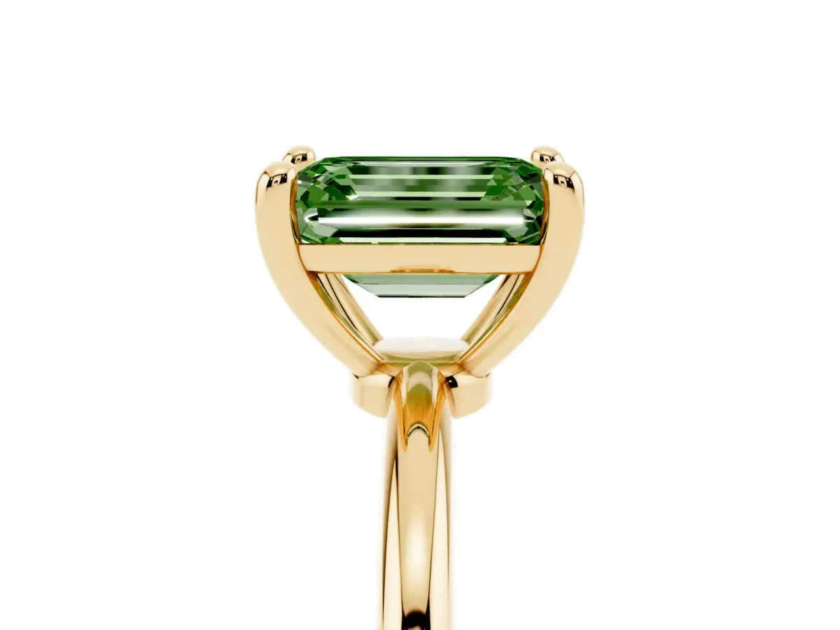 Fancy Green Emerald Cut Solitaire Diamond Ring with 4-Prong Setting on a Classic Band Yellow gold