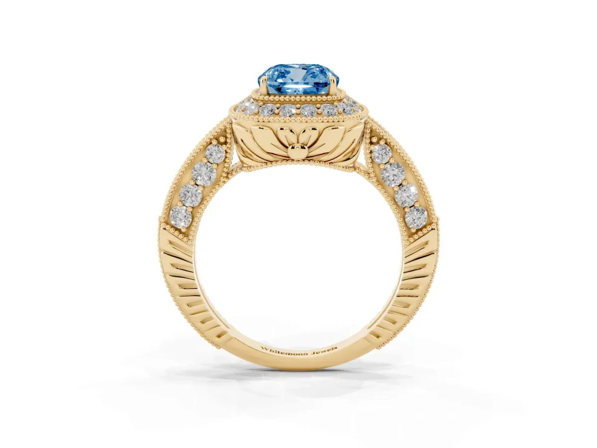 Fancy Blue Cushion Cut Halo Diamond Split Shank Ring with Milgrain Detail Yellow gold