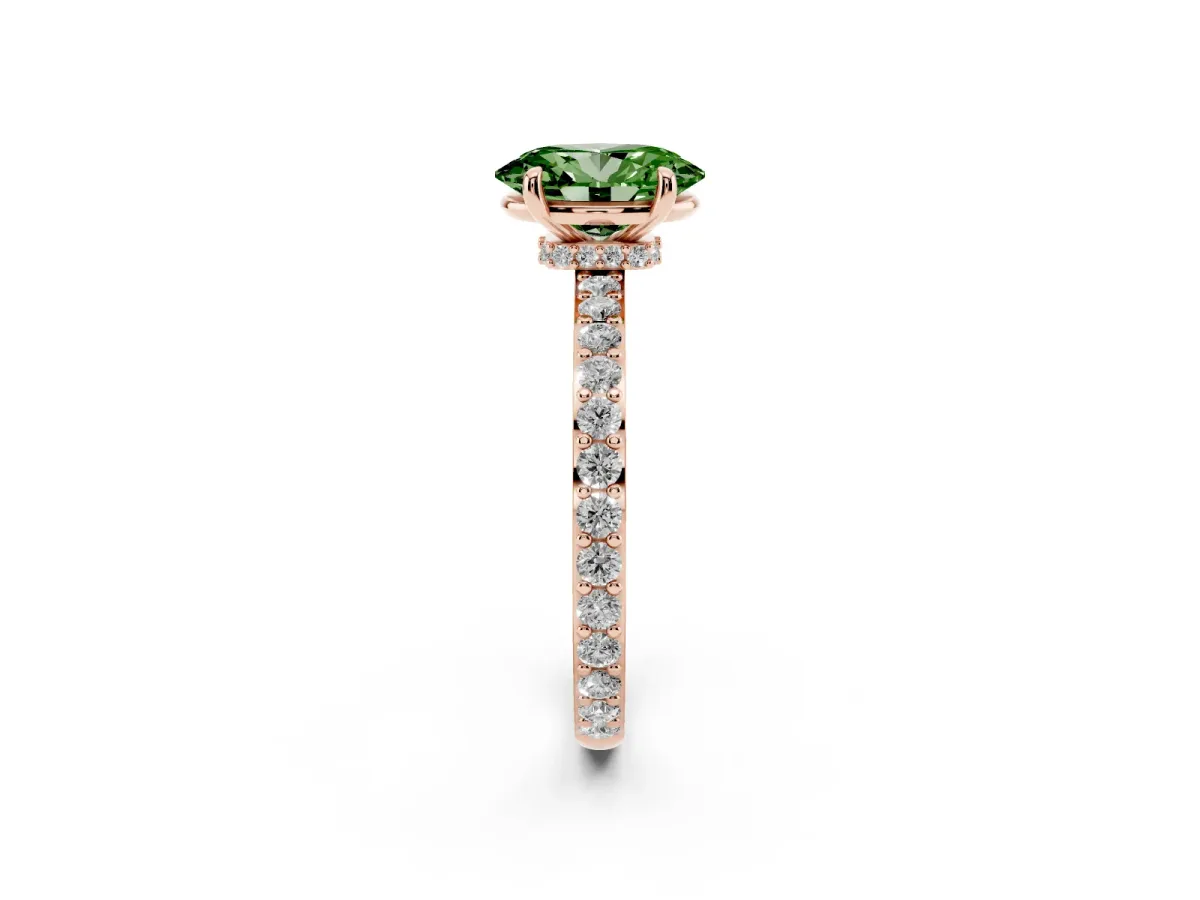 Fancy Green Oval Cut Diamond Pavé Engagement Ring with Round Accents and Prong Setting Rose gold