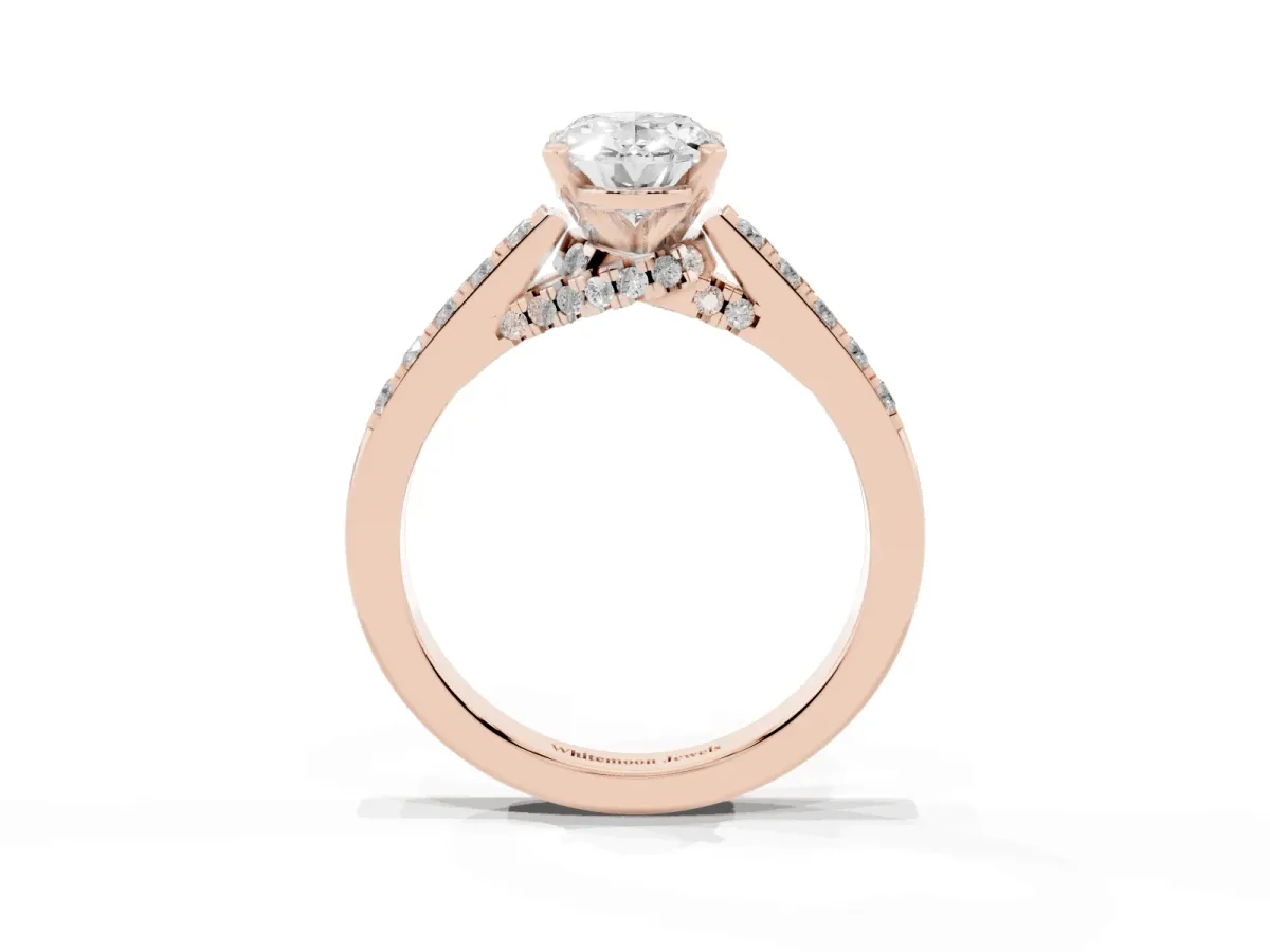 Oval Cut Diamond Solitaire Ring with Crossover Gallery and Round Pavé Band Rose gold